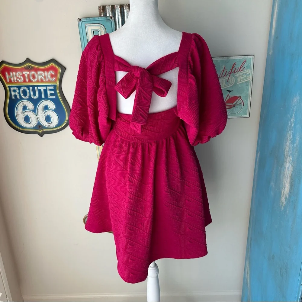Free People Pink Violet Textured Puff Sleeve Square Neck Babydoll Mini Dress